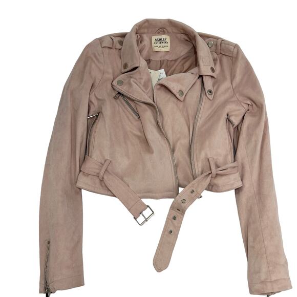 Ashley Outerwear Cropped Moto Jacket Pink Asymmetrical Zip Belt S Faux Suede Y2K - Picture 12 of 13